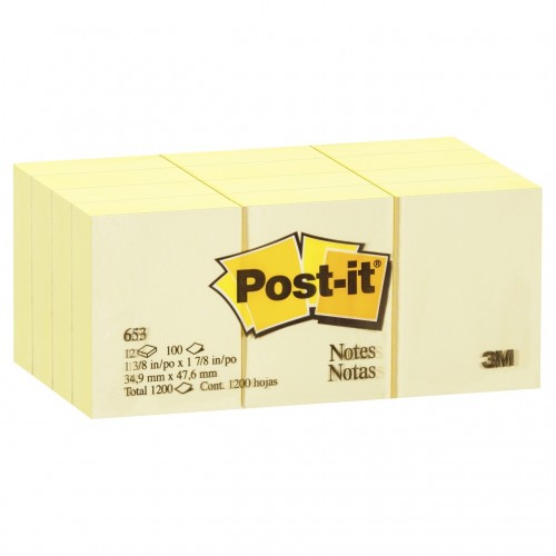 Post-it® Notes, Canary Yellow, 38 mm x 51 mm, 100 Sheets/Pad, 12 Pads/Pack